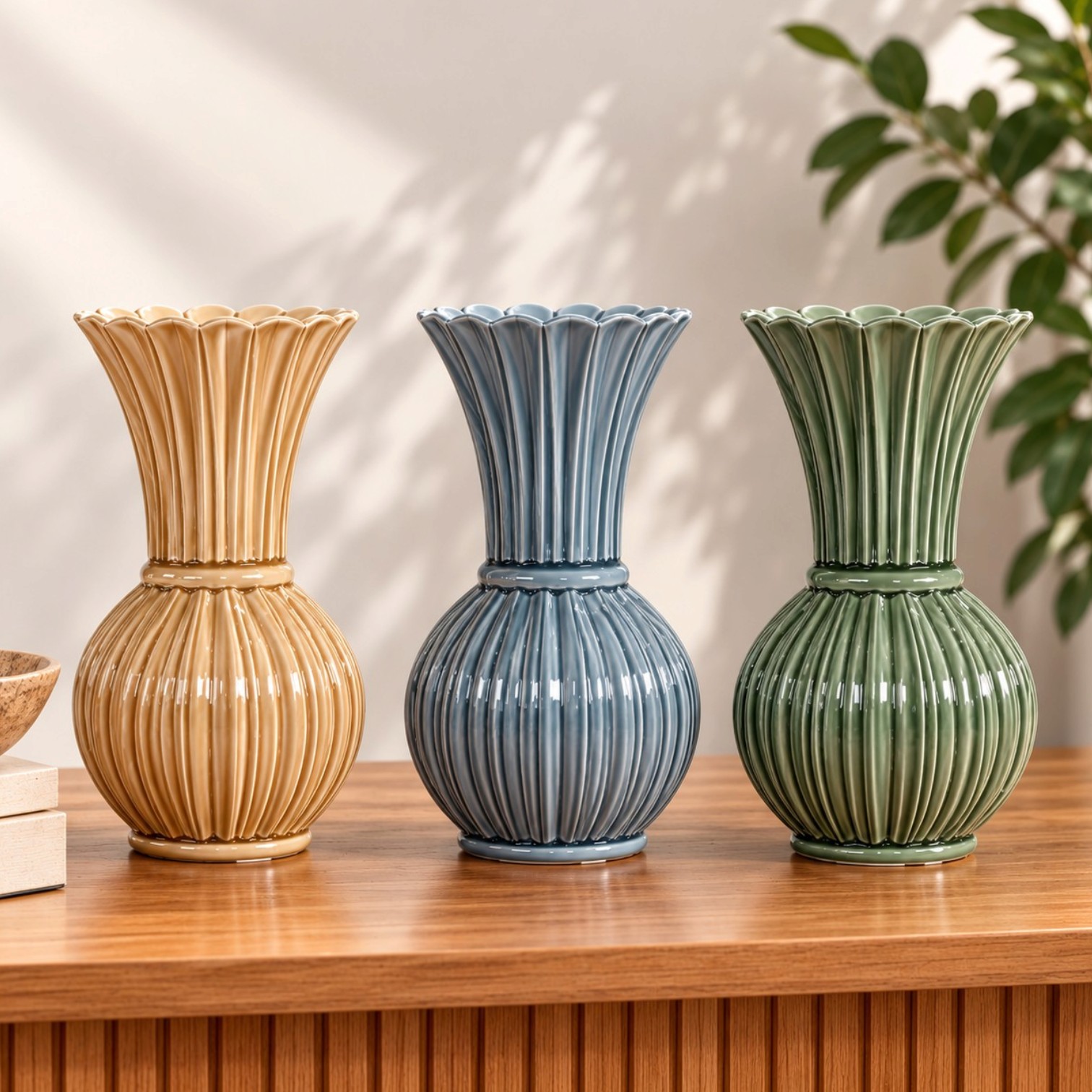 Fluted ceramic vase with glossy ribbed texture available in multiple colours