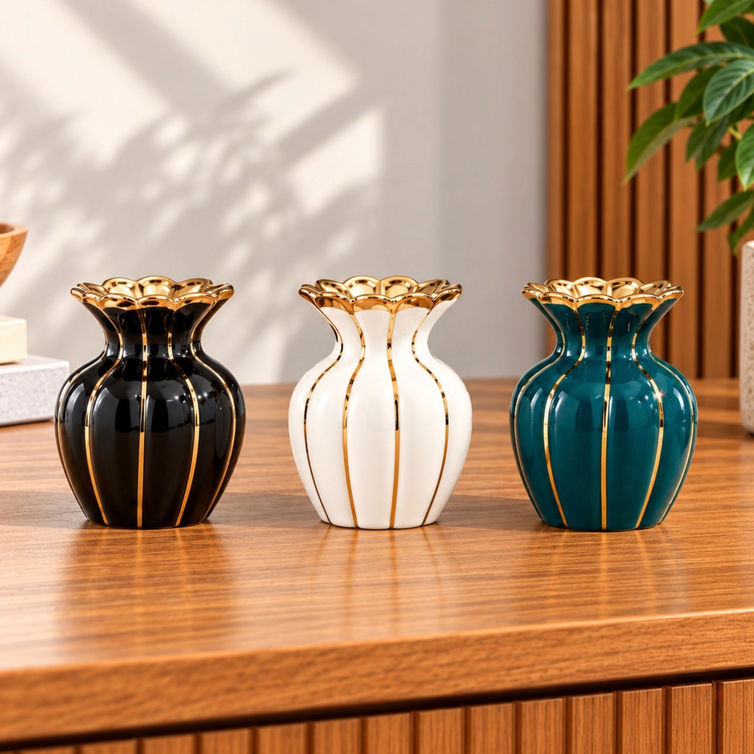Gold accent floral ceramic vase with glossy finish and decorative vertical detailing