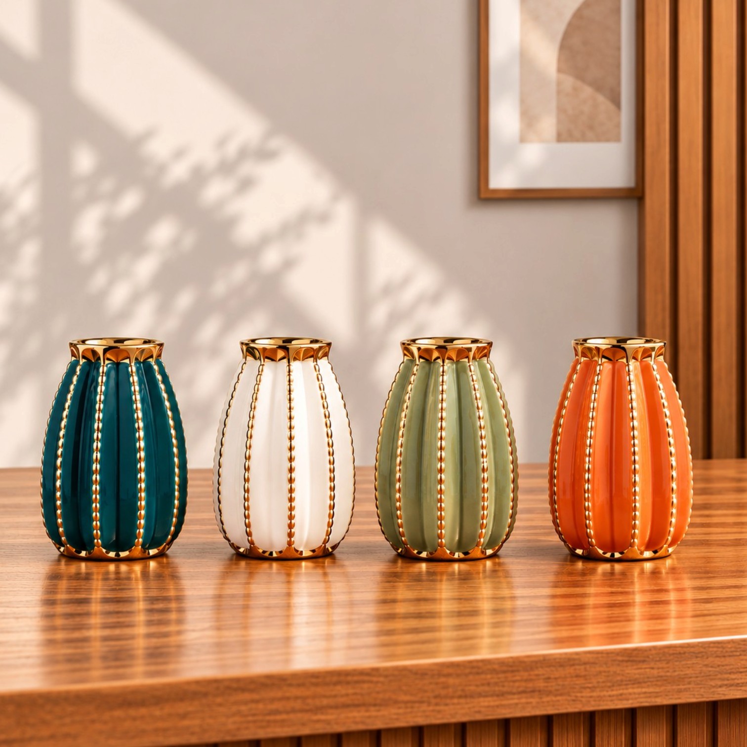 Small gold accent ceramic vase with ribbed texture and glossy finish available in multiple colours