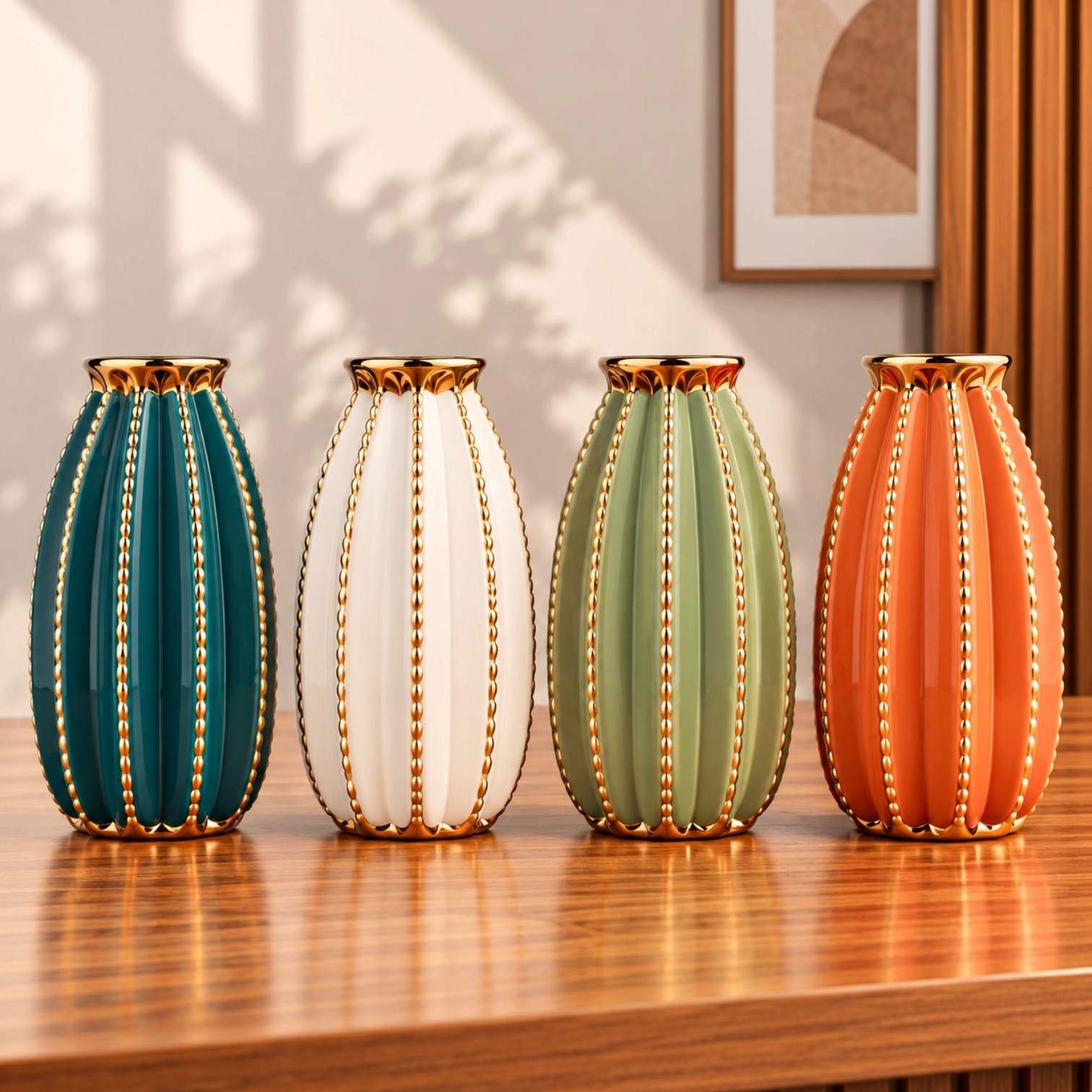 Large gold accent ceramic vase with ribbed texture and glossy finish available in multiple colours