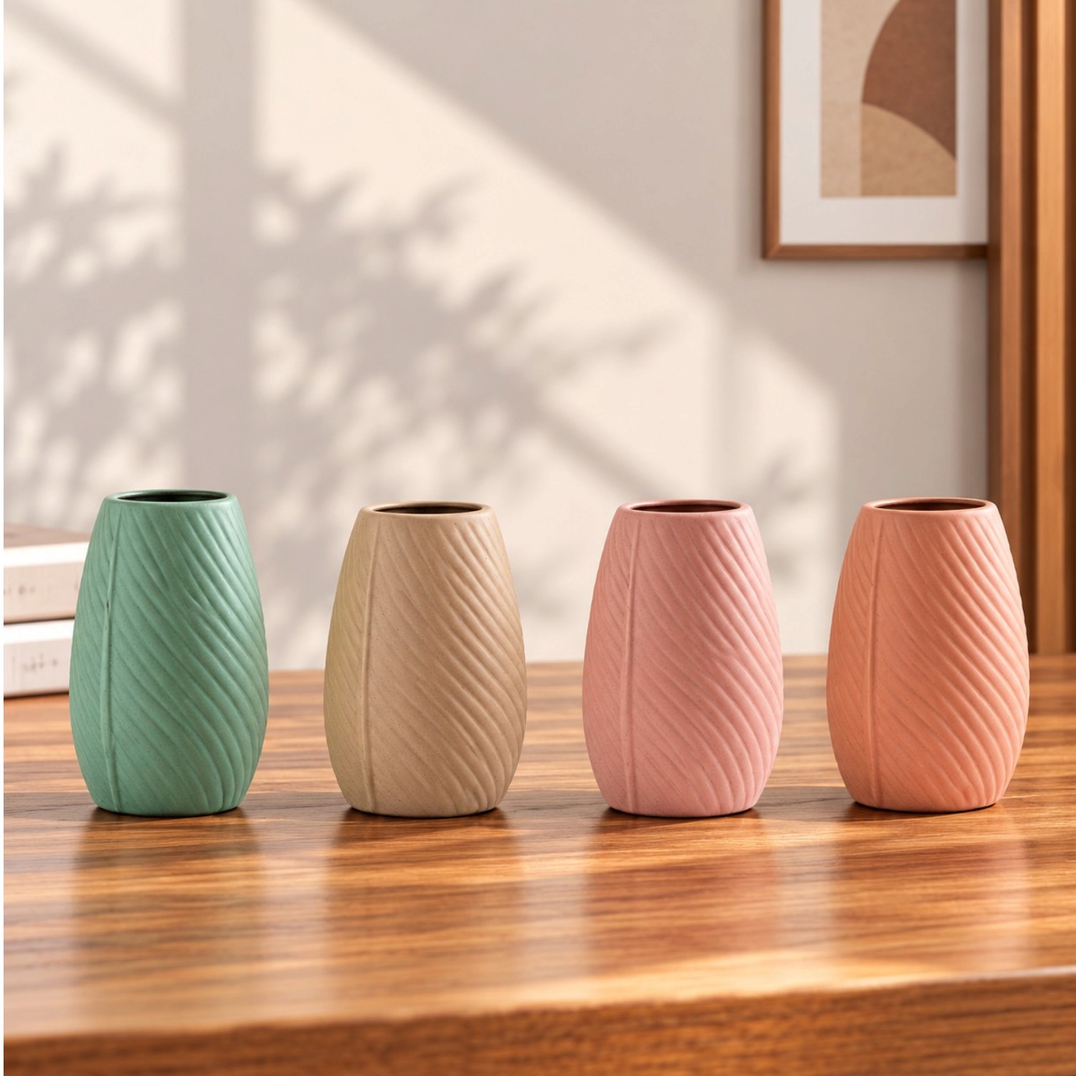 Swirl ceramic vase with curved ribbed texture and matte finish, available in multiple colours