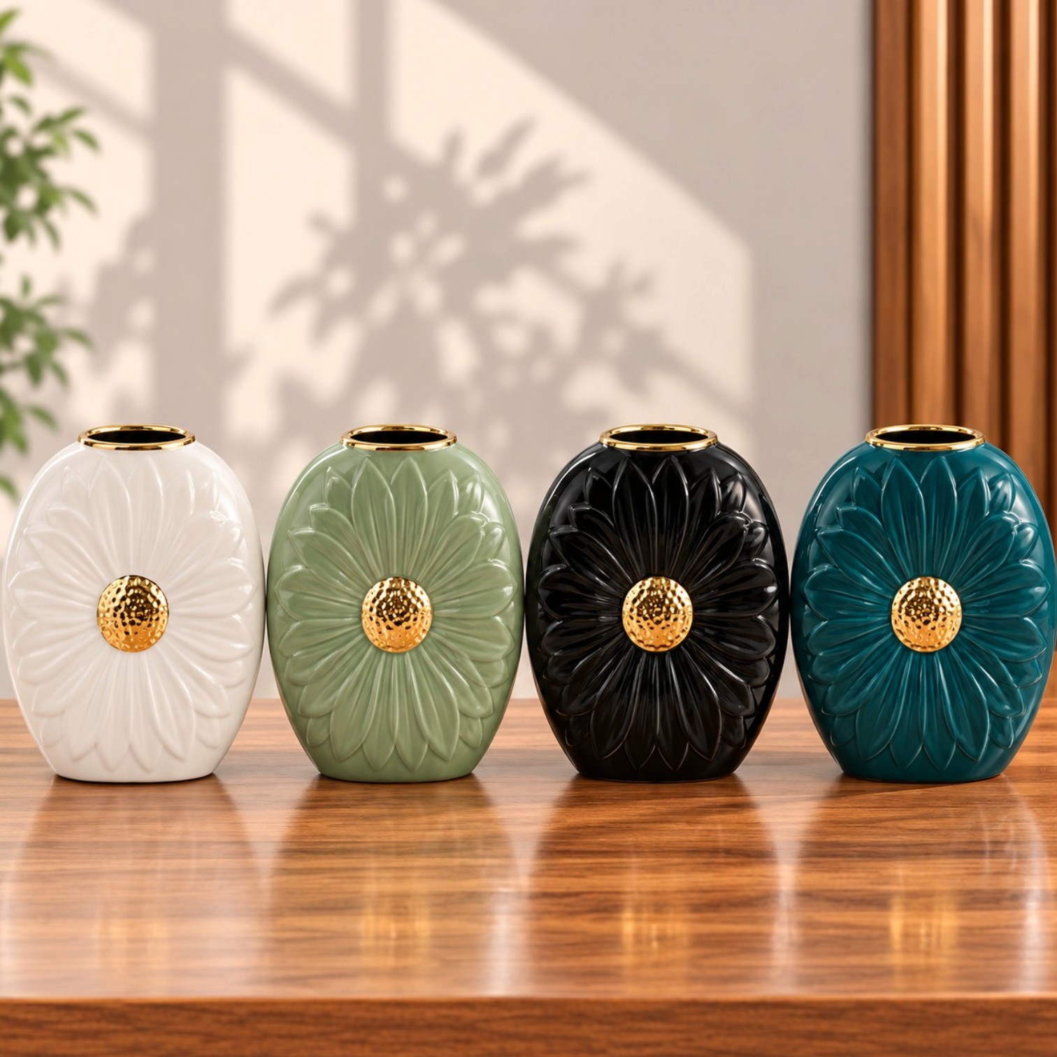 Medium floral ceramic vase with raised petal design, gold accents and glossy finish available in multiple colours