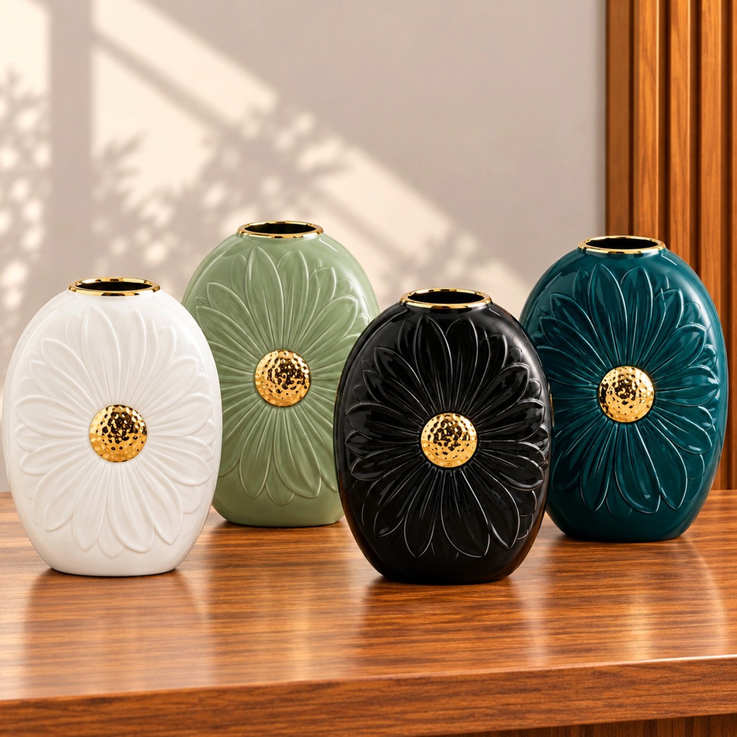 Large floral ceramic vase with raised petal design, gold accents and glossy finish available in multiple colours