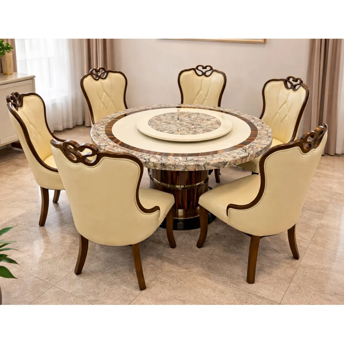 Imperial Marble Round Dining Set – 6 Seater